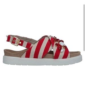 Red & White Stripe Inuikii Beaded Rhinestone Sandals Summer Sandals size 39